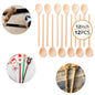 A set of 12 wooden spoons, 12 inches in length, displayed in various uses such as wood burning, cooking, and serving.