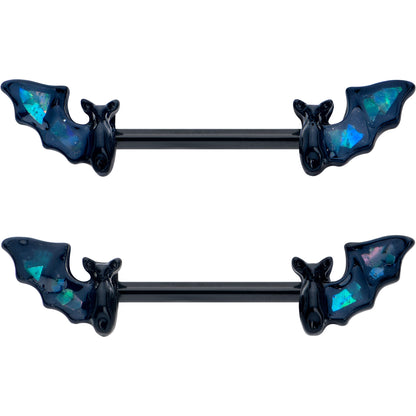 14G 9/16 Black Bats in Blue Barbell Nipple Ring Set