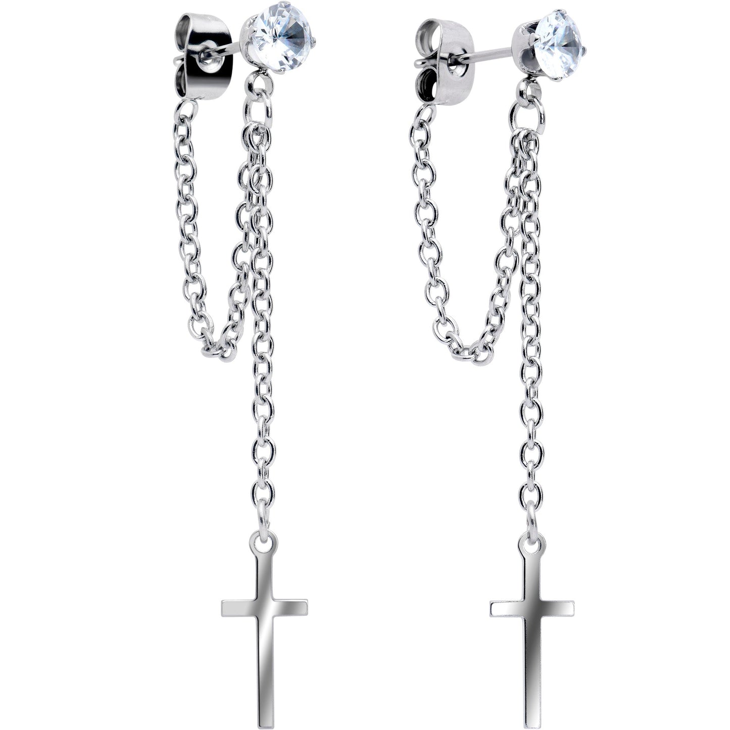 Clear Gem Chain Dangle Cross Stud Earrings
