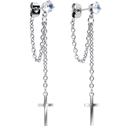 Clear Gem Chain Dangle Cross Stud Earrings