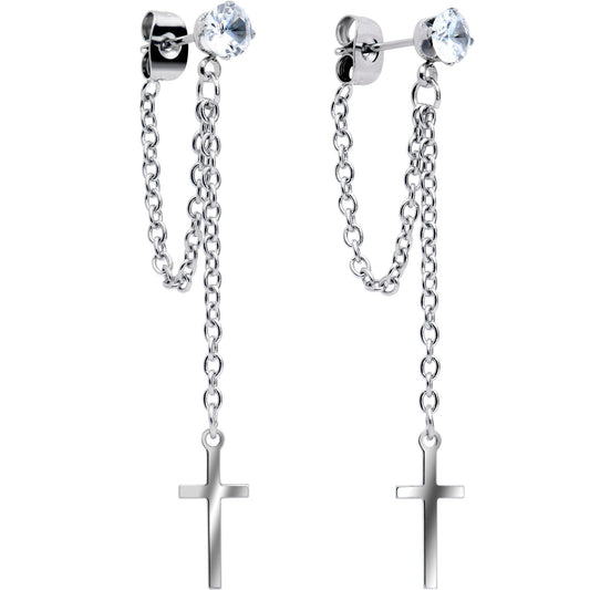 Clear Gem Chain Dangle Cross Stud Earrings