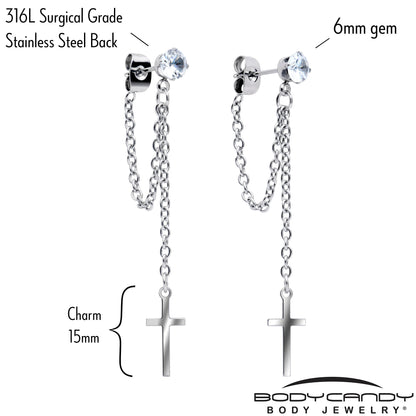Clear Gem Chain Dangle Cross Stud Earrings