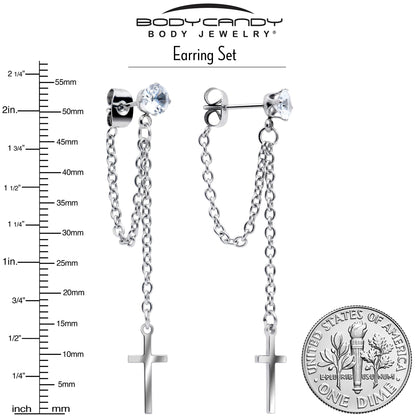 Clear Gem Chain Dangle Cross Stud Earrings
