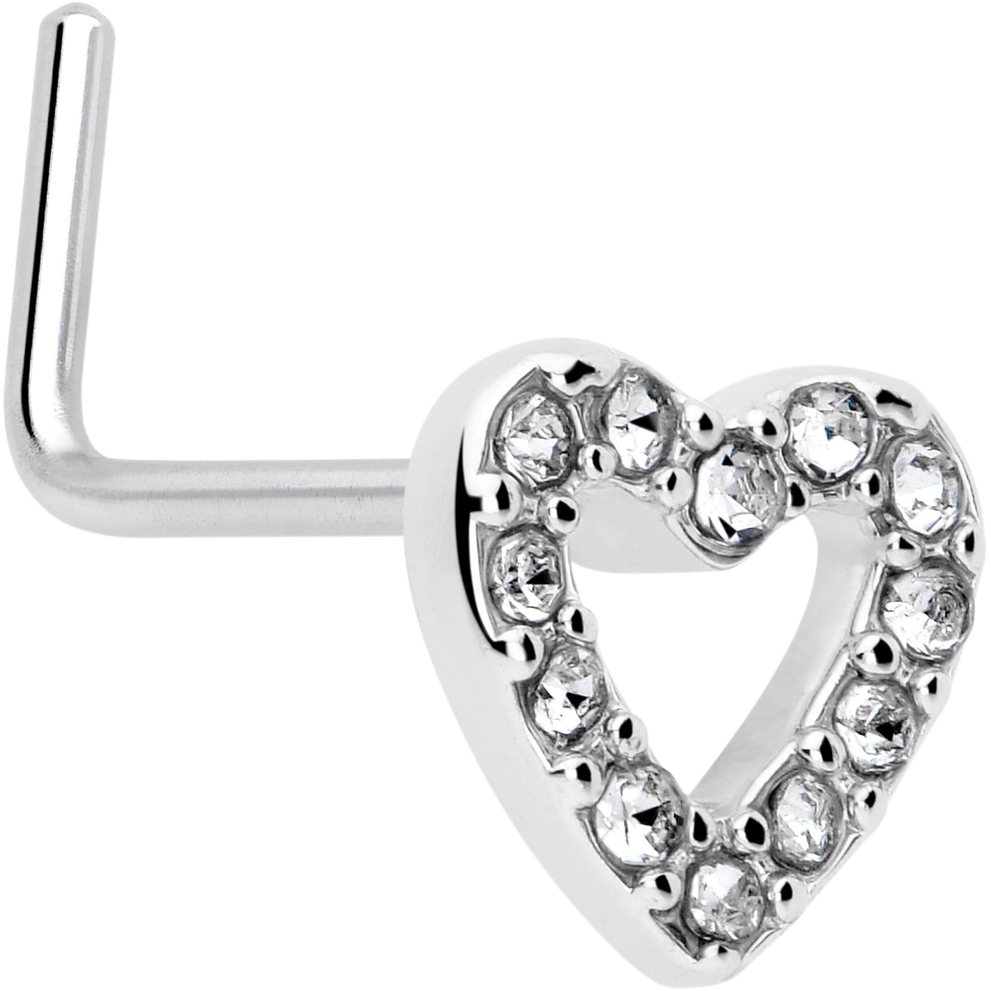 20G 7mm Clear Gem Hollow Paved Heart L Shape Nose Ring