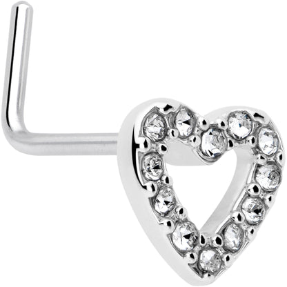 20G 7mm Clear Gem Hollow Paved Heart L Shape Nose Ring