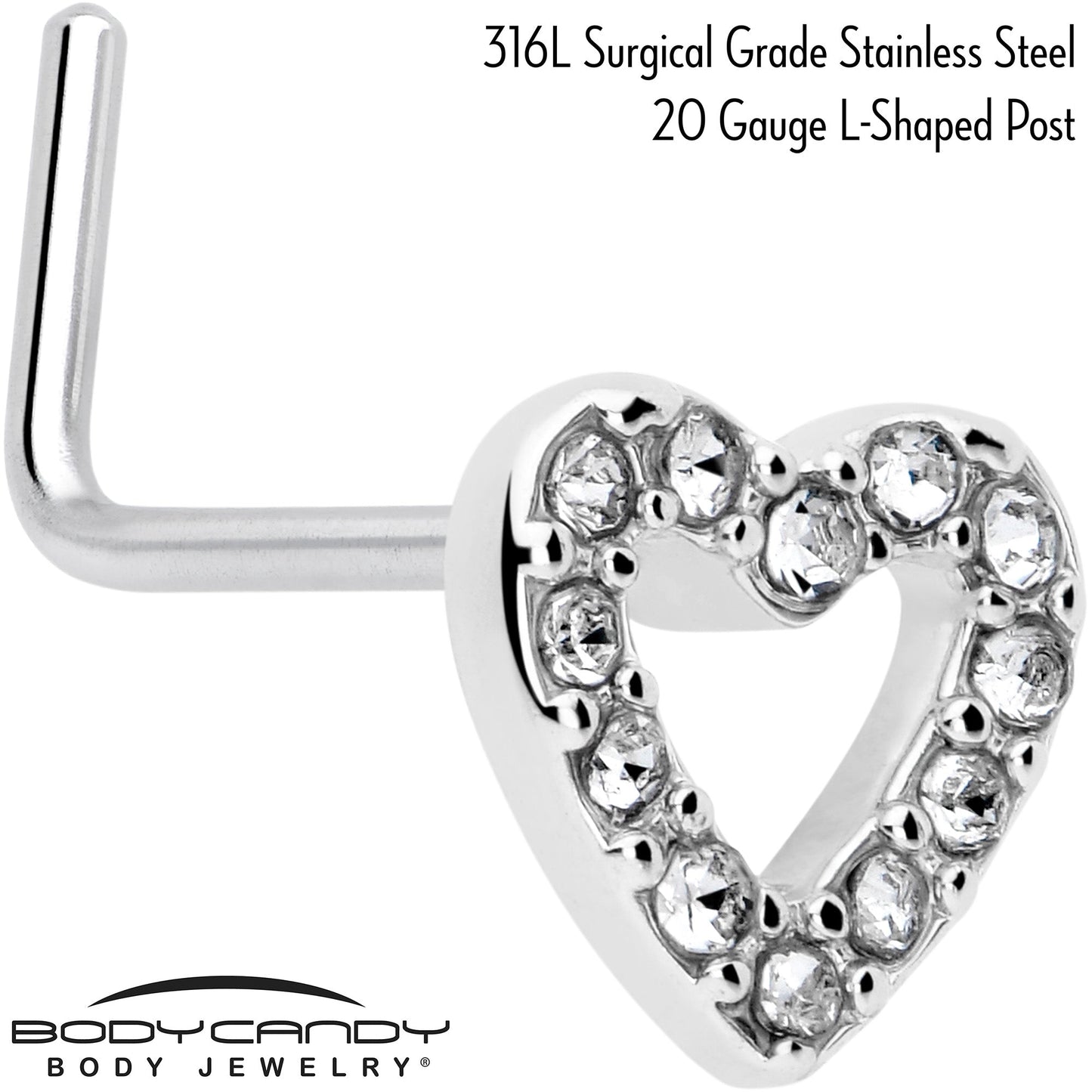 20G 7mm Clear Gem Hollow Paved Heart L Shape Nose Ring