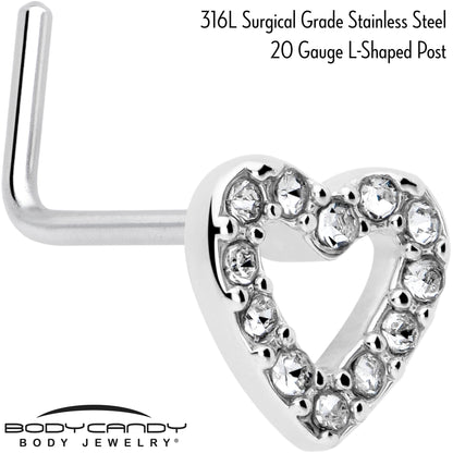 20G 7mm Clear Gem Hollow Paved Heart L Shape Nose Ring