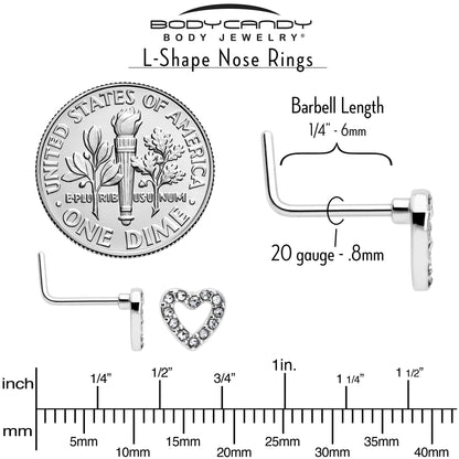 20G 7mm Clear Gem Hollow Paved Heart L Shape Nose Ring