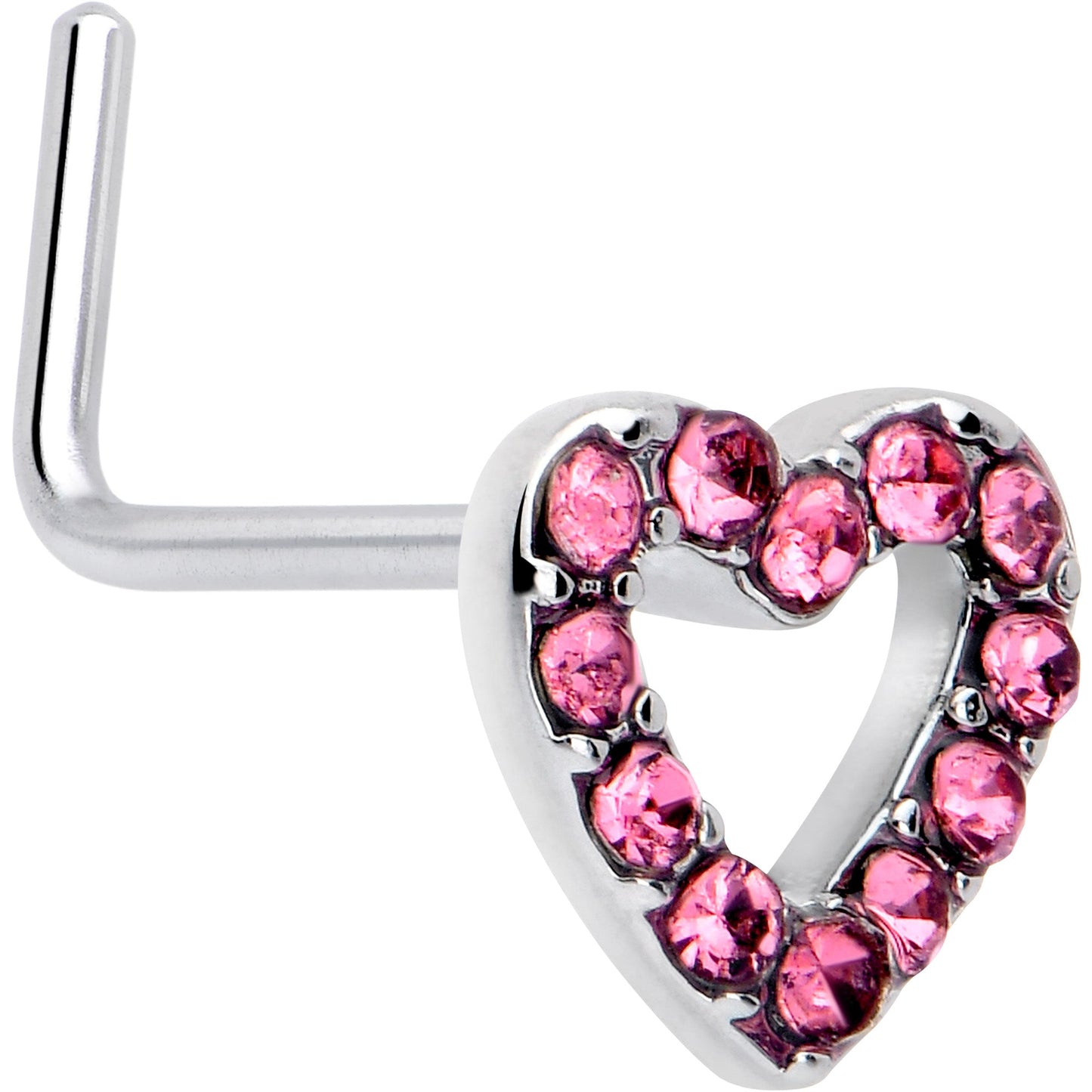 20G 7mm Pink Gem Hollow Paved Heart L Shape Nose Ring