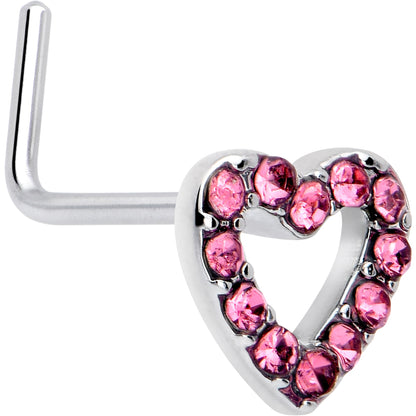 20G 7mm Pink Gem Hollow Paved Heart L Shape Nose Ring