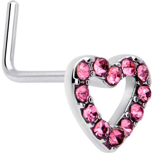 20G 7mm Pink Gem Hollow Paved Heart L Shape Nose Ring