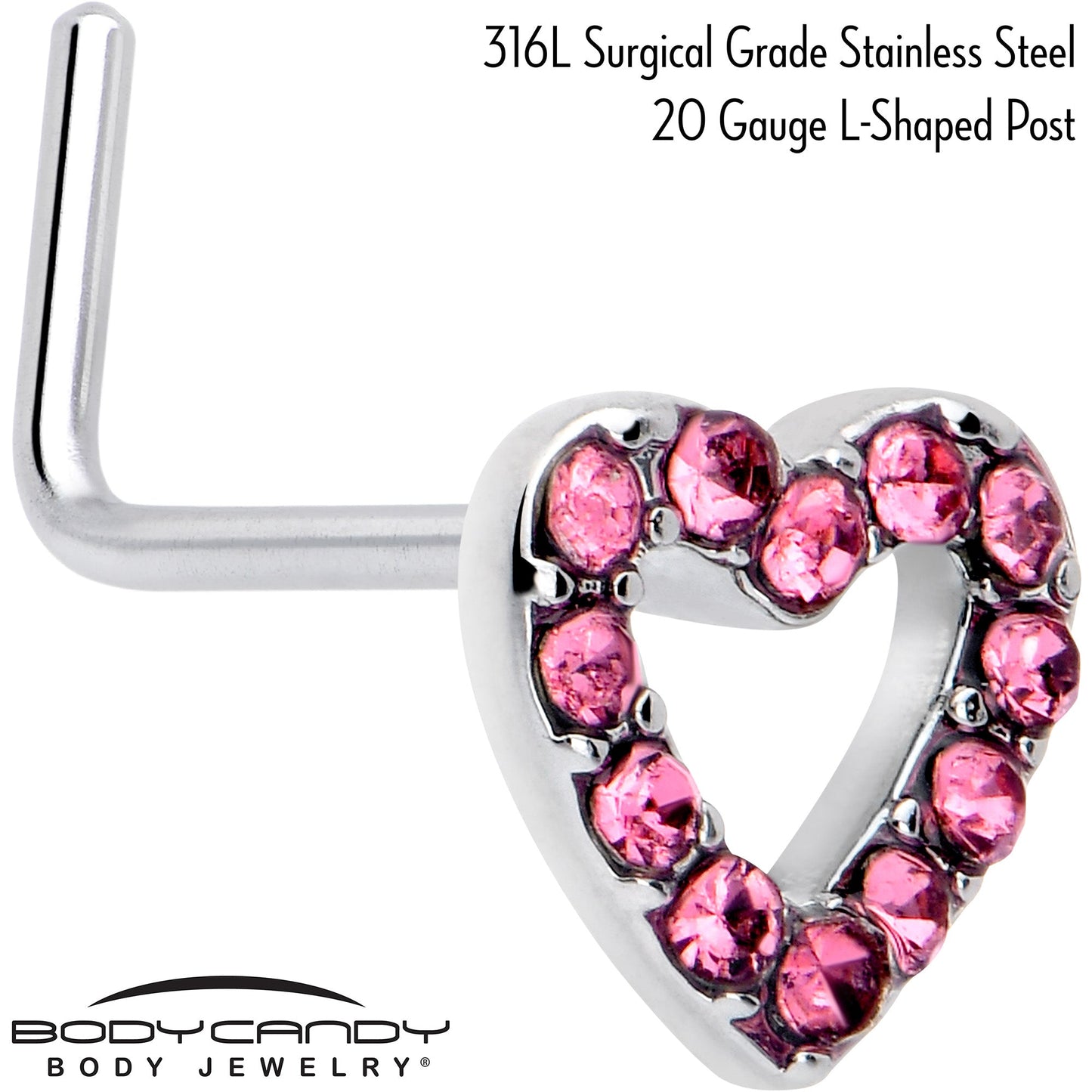 20G 7mm Pink Gem Hollow Paved Heart L Shape Nose Ring