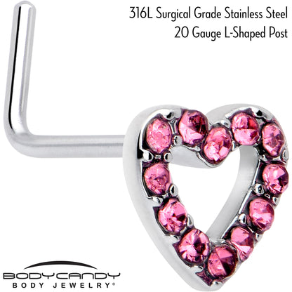 20G 7mm Pink Gem Hollow Paved Heart L Shape Nose Ring