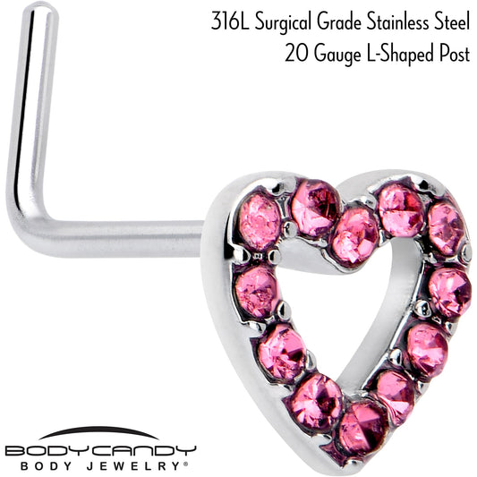 20G 7mm Pink Gem Hollow Paved Heart L Shape Nose Ring