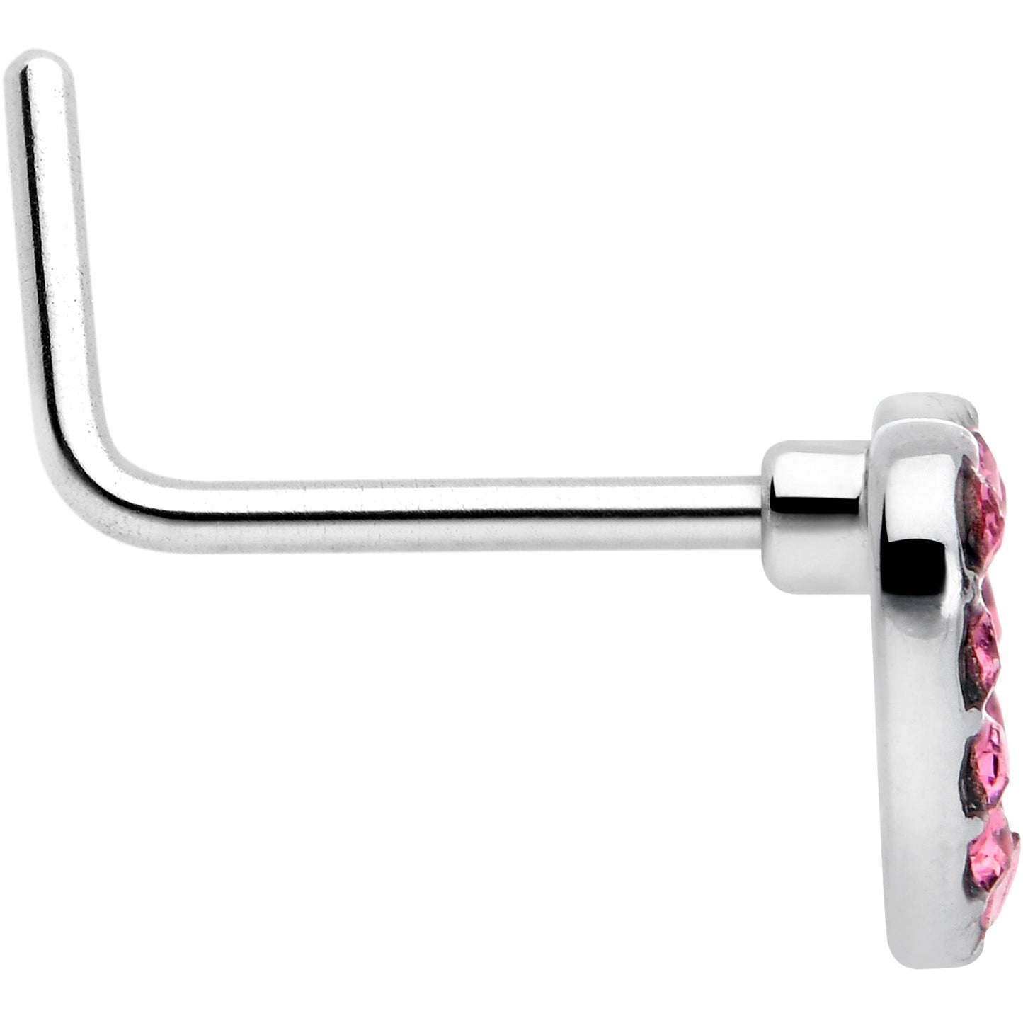 20G 7mm Pink Gem Hollow Paved Heart L Shape Nose Ring