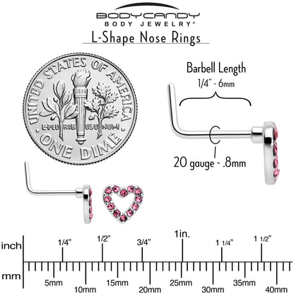 20G 7mm Pink Gem Hollow Paved Heart L Shape Nose Ring
