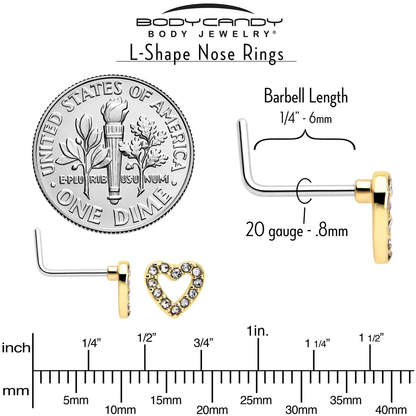 20G 7mm Clear Gem Golden Hollow Paved Heart L Shape Nose Ring