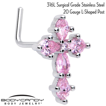 20G 7mm Pink CZ Gem Classic Cross L Shape Nose Ring