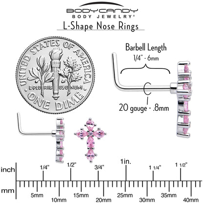 20G 7mm Pink CZ Gem Classic Cross L Shape Nose Ring