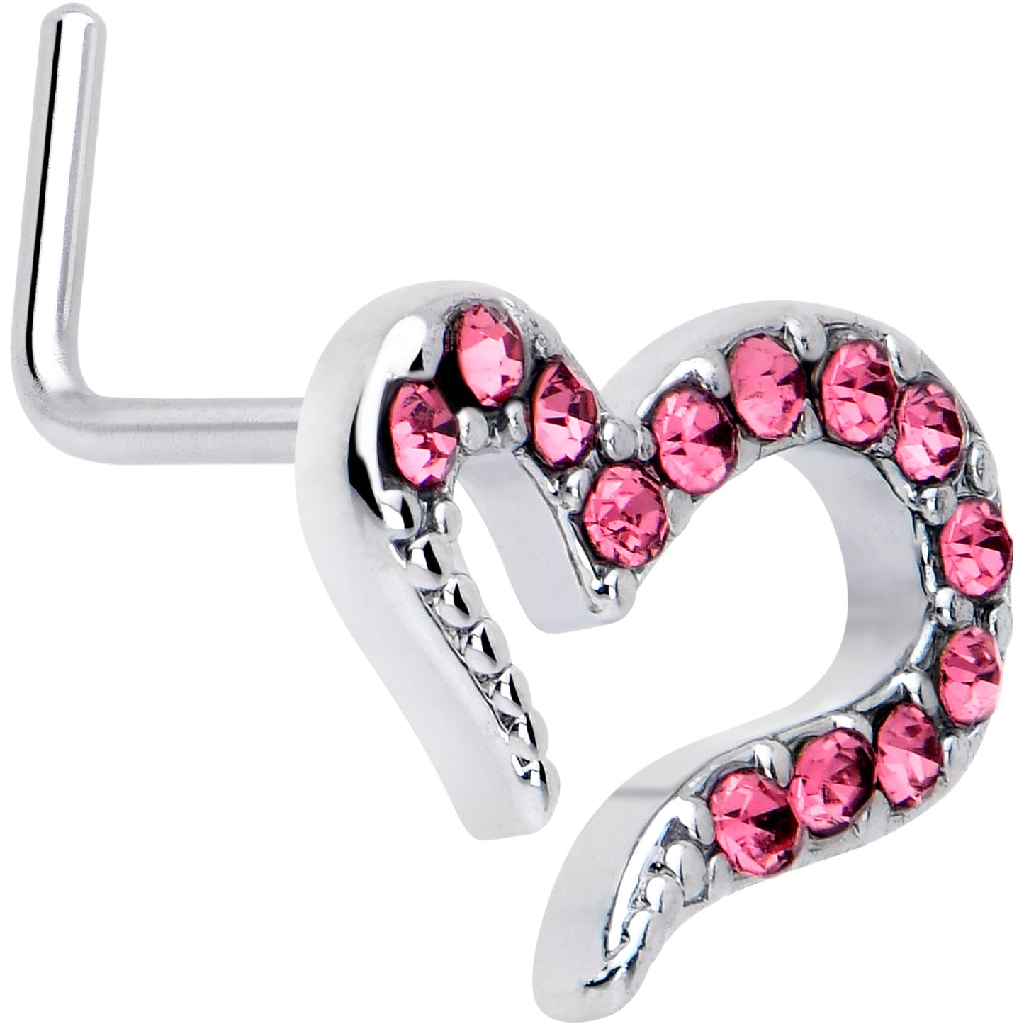 20G 7mm Pink Gem Stylized Heart L Shape Nose Ring