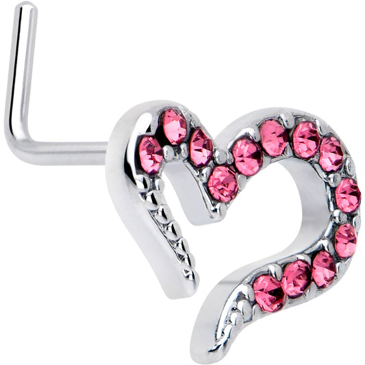 20G 7mm Pink Gem Stylized Heart L Shape Nose Ring
