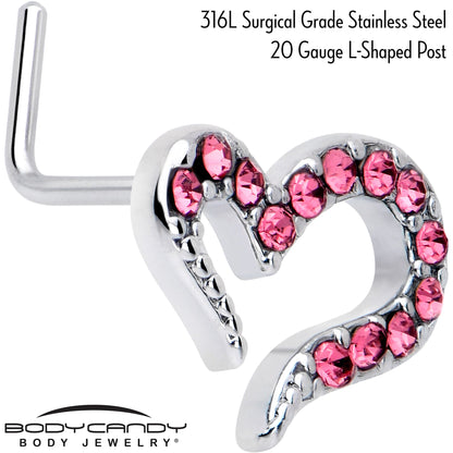 20G 7mm Pink Gem Stylized Heart L Shape Nose Ring