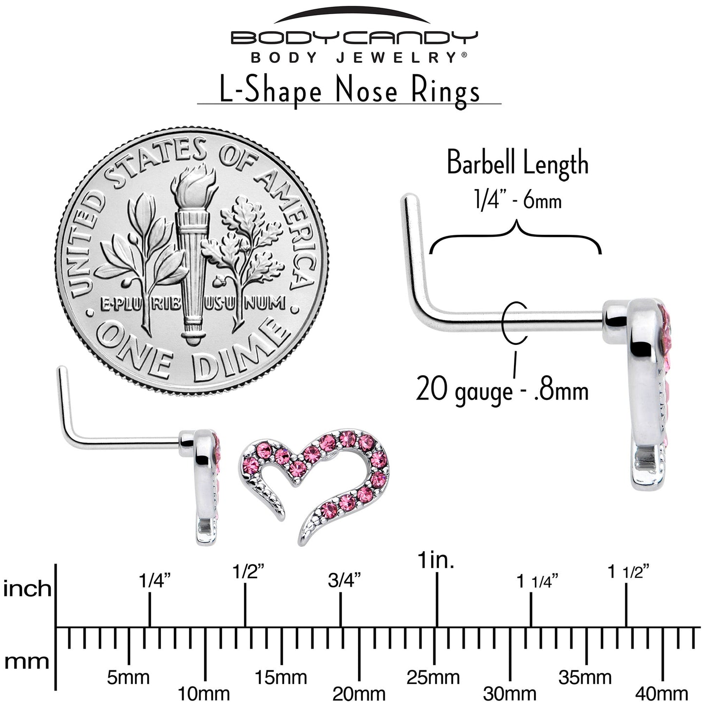 20G 7mm Pink Gem Stylized Heart L Shape Nose Ring