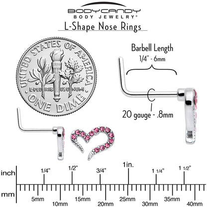 20G 7mm Pink Gem Stylized Heart L Shape Nose Ring