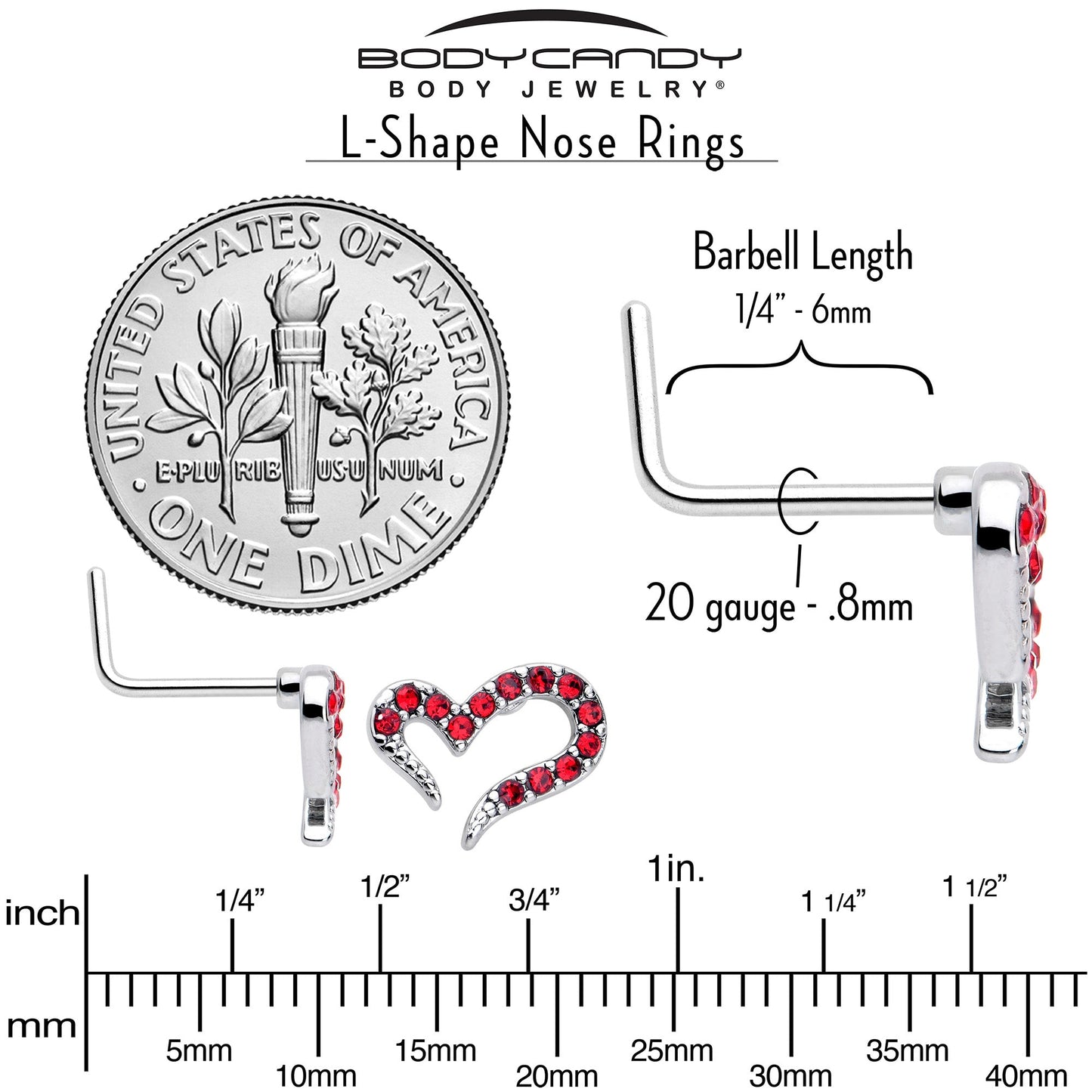 20G 7mm Red Gem Stylized Heart L Shape Nose Ring