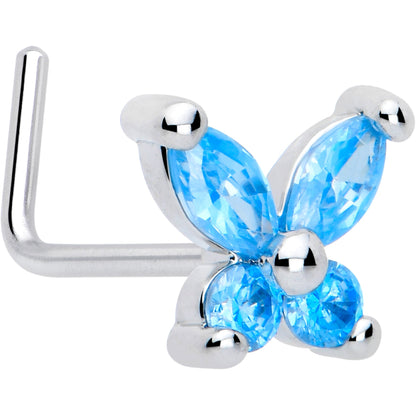 20G 7mm Blue CZ Gem Open Wing Butterfly L Shape Nose Ring
