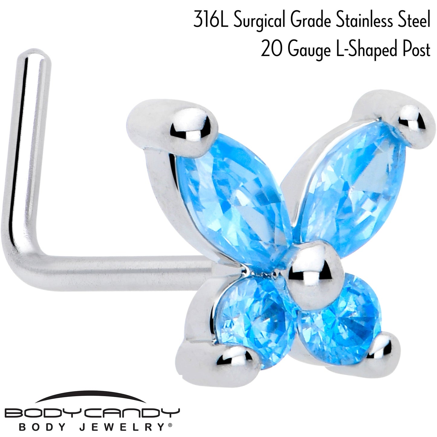 20G 7mm Blue CZ Gem Open Wing Butterfly L Shape Nose Ring