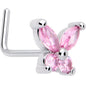 20G 7mm Pink CZ Gem Open Wing Butterfly L Shape Nose Ring