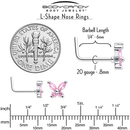20G 7mm Pink CZ Gem Open Wing Butterfly L Shape Nose Ring
