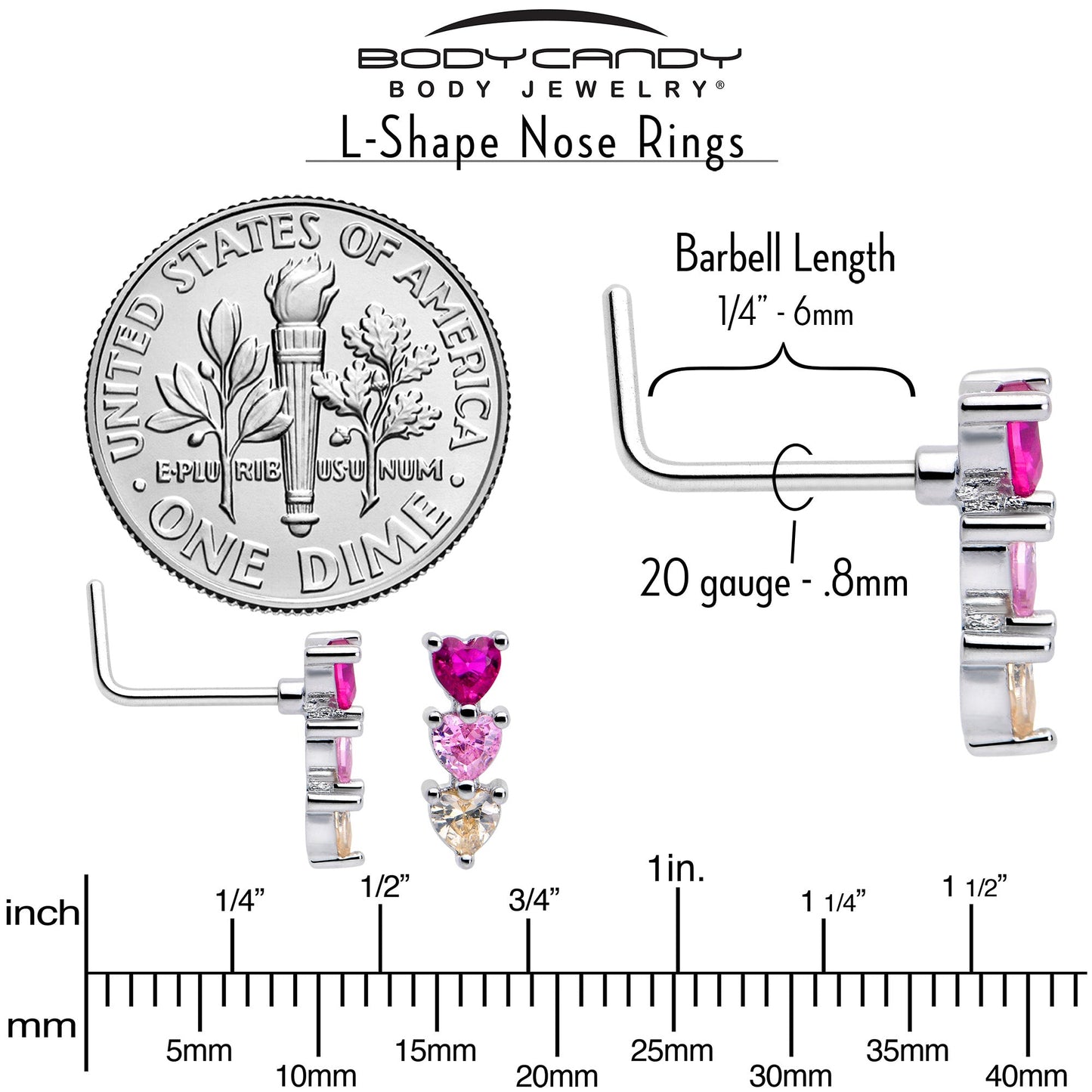 20G 7mm Red Pink CZ Gem Stacked Heart Trio L Shape Nose Ring