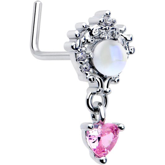 20G 7mm Pink CZ Gem Heart Mystique Dangle L Shape Nose Ring