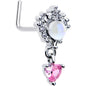 20G 7mm Pink CZ Gem Heart Mystique Dangle L Shape Nose Ring