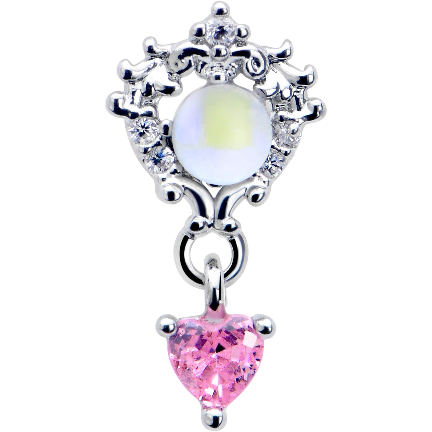 20G 7mm Pink CZ Gem Heart Mystique Dangle L Shape Nose Ring