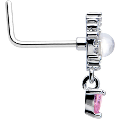 20G 7mm Pink CZ Gem Heart Mystique Dangle L Shape Nose Ring