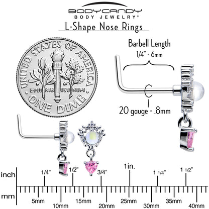 20G 7mm Pink CZ Gem Heart Mystique Dangle L Shape Nose Ring
