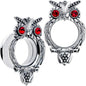 Red CZ Gem Wise Owl Screw Fit Tunnel Plug Set Available Sizes 6mm to 16mm