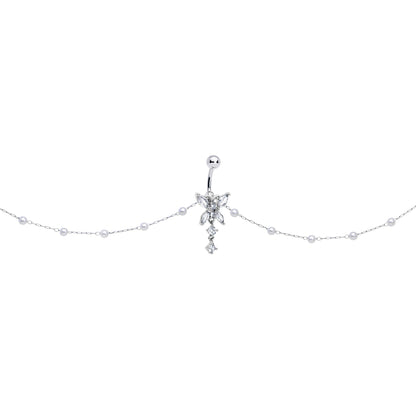 Clear CZ Gem Glam Butterfly Faux Pearl Dangle Belly Ring Belly Chain