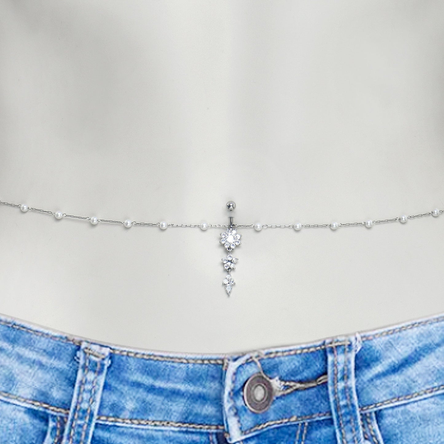 Clear CZ Gem Glamour Flower Faux Pearl Dangle Belly Ring Belly Chain