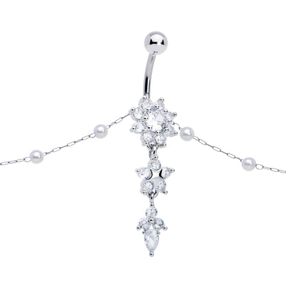 Clear CZ Gem Glamour Flower Faux Pearl Dangle Belly Ring Belly Chain
