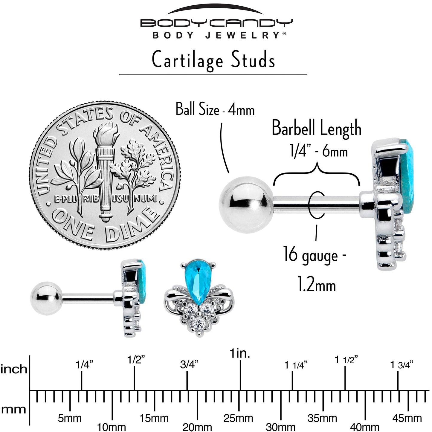 16G 1/4 Blue Gem Style Simplicity Cartilage Tragus Earring