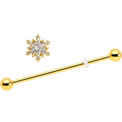 14G Clear CZ Gem Gold Tone Glam Snowflake Industrial Barbell 38mm