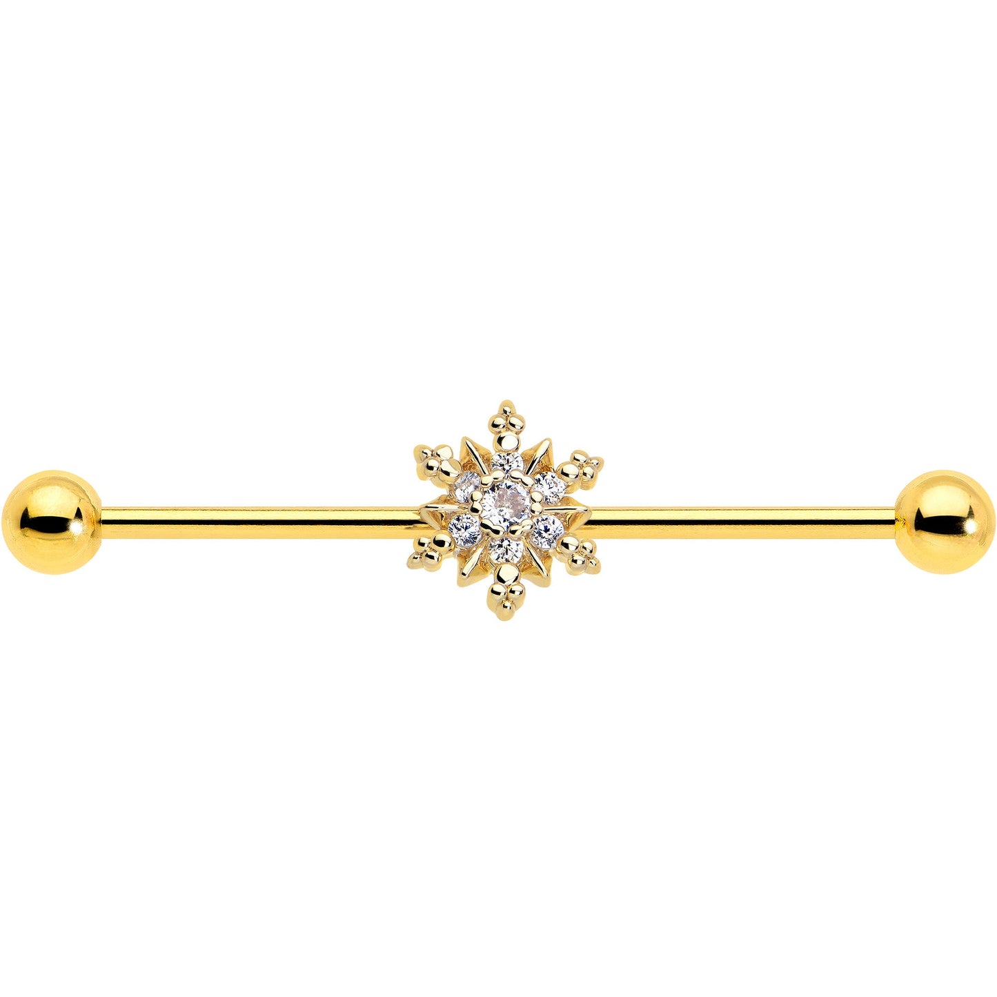 14G Clear CZ Gem Gold Tone Glam Snowflake Industrial Barbell 38mm