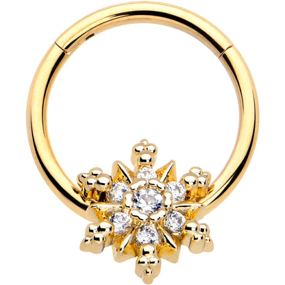 16G 3/8 Clear CZ Gem Gold Tone Glam Snowflake Hinged Segment Ring