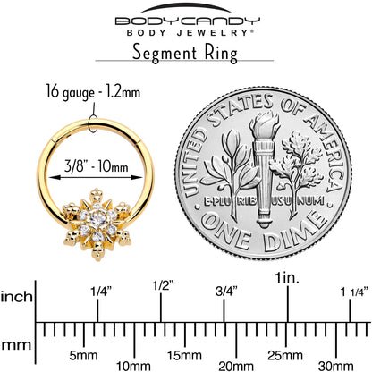16G 3/8 Clear CZ Gem Gold Tone Glam Snowflake Hinged Segment Ring