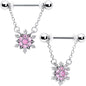 14G 9/16 Pink CZ Gem Glam Snowflake Chain Dangle Nipple Ring Set