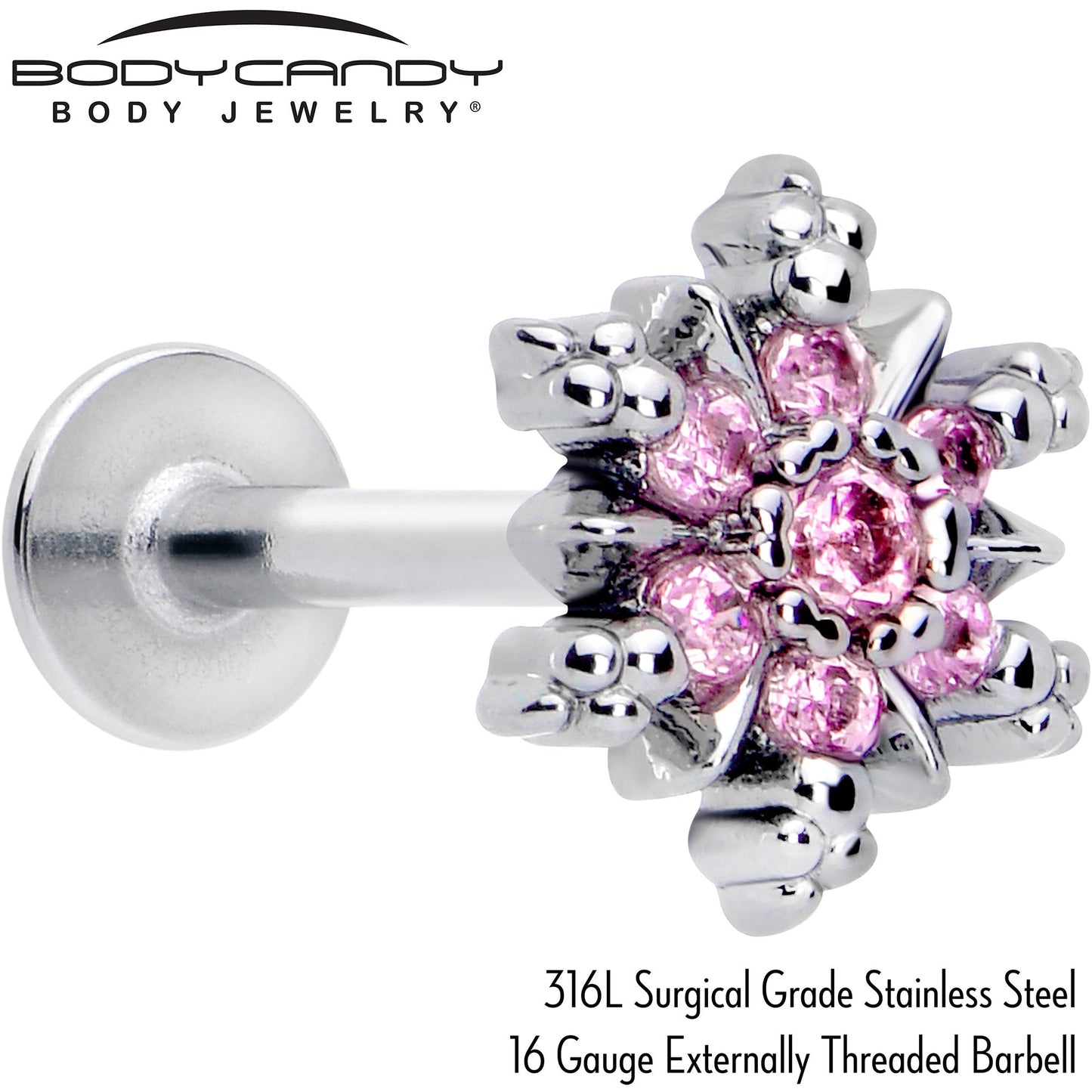 16G 5/16 Pink CZ Gem Glam Snowflake Labret Monroe Tragus